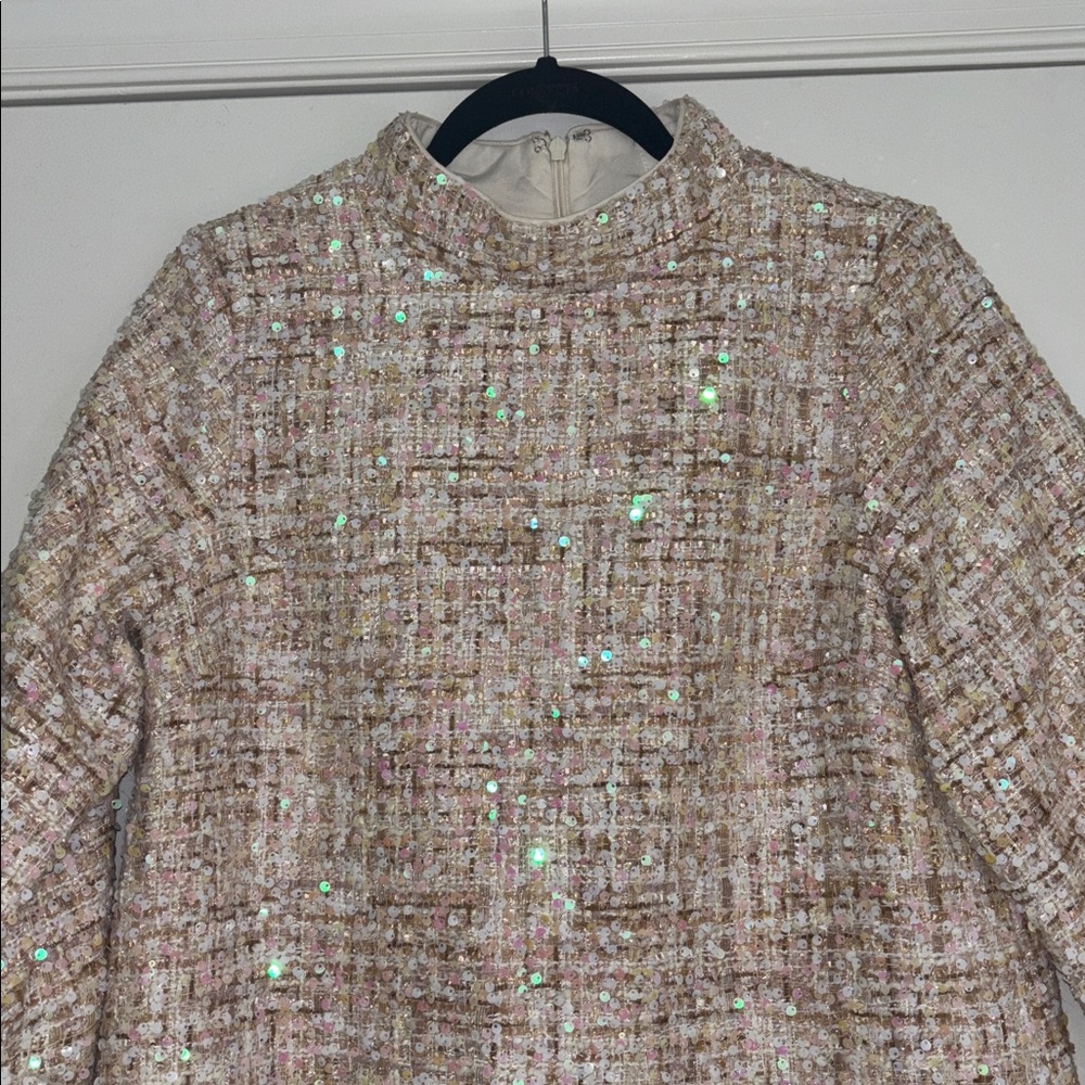 Cream Sequin Tweed Dress with Feather Cuffs - Picture 4 of 9
